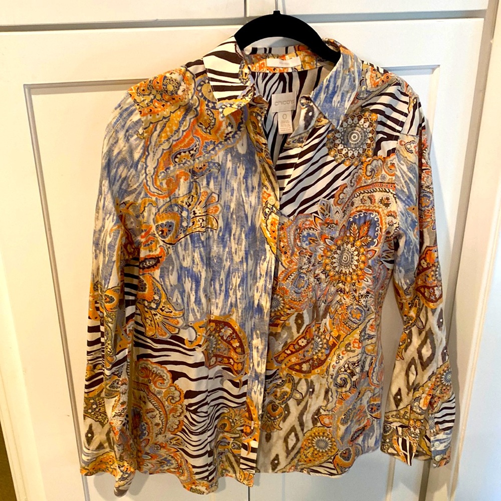 Chicos Womens No Iron Long Sleeve Button Up Blouse  Size 0/size 4 100% Cotton